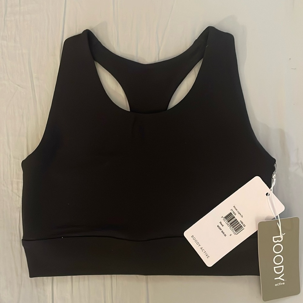 BOODY NWT black long line racer back bra size S